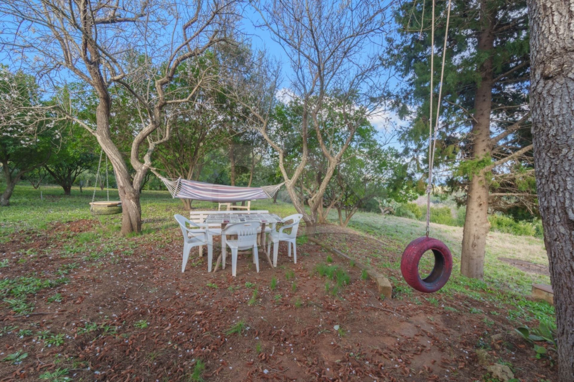 An outdoor seating area with a table and chairs, surrounded by trees and a hammock.