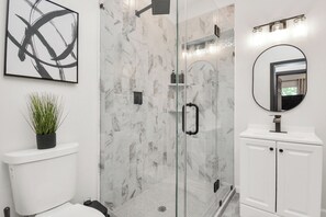 Hair dryer, towels, soap, toilet paper