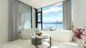 Classic Double Room, Ocean View | Bathroom | Hair dryer, slippers, towels, soap