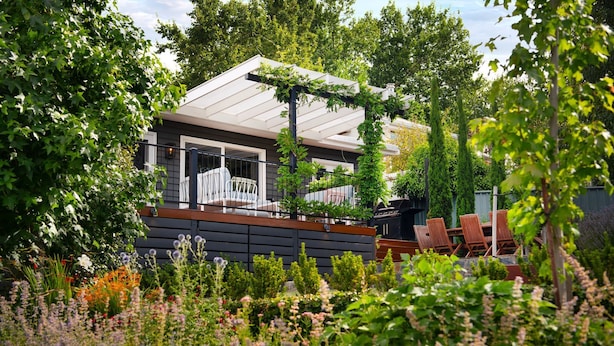 A modern house with a covered patio, a barbecue area, and a garden with various plants and flowers. - Bengarlyn in Daylesford where bold garden design meets boutique luxury, stunning 3 bedroom home (Daylesford)
