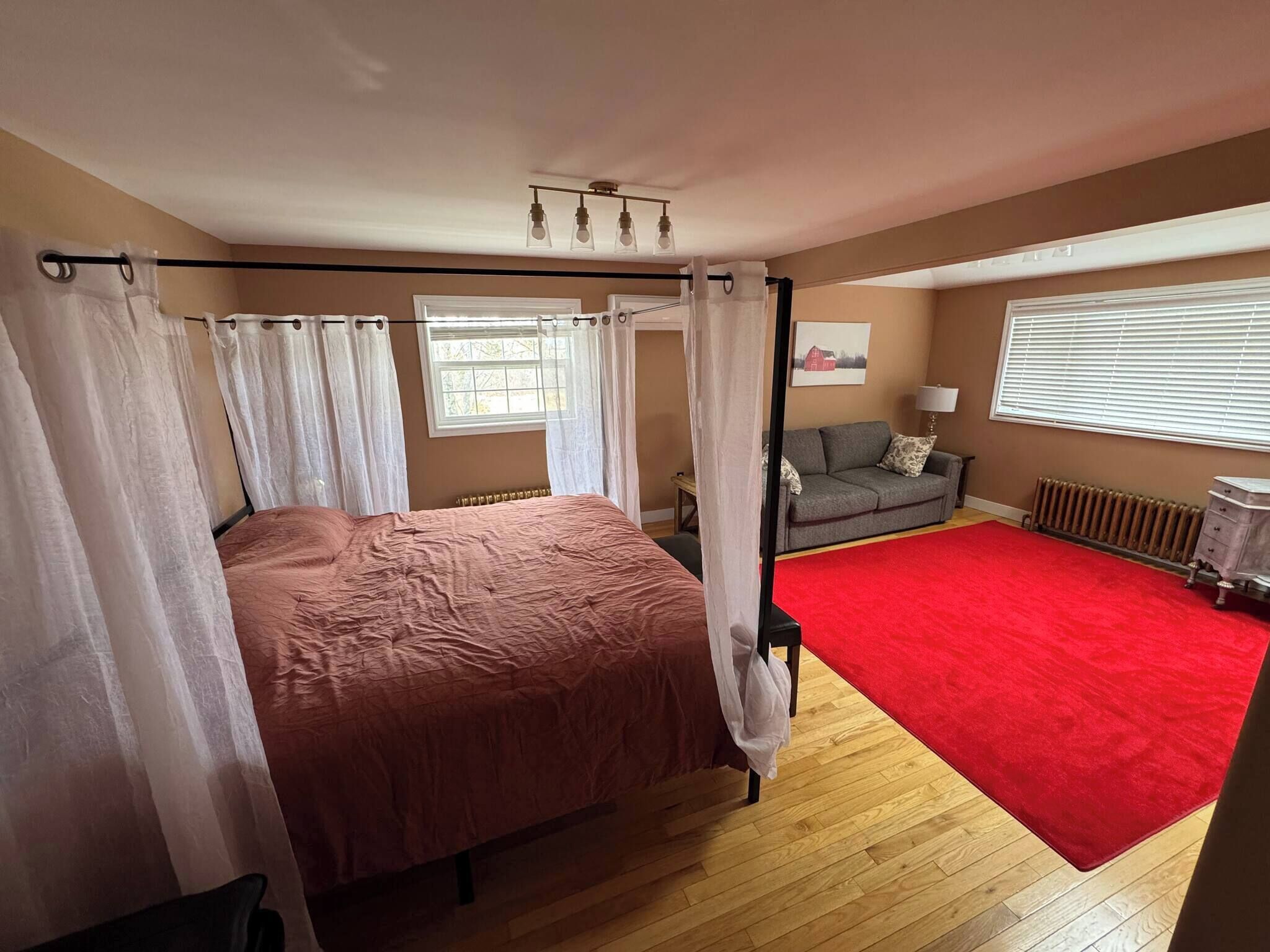A bedroom with a four-poster bed, a red carpet, a grey sofa, and a radiator.