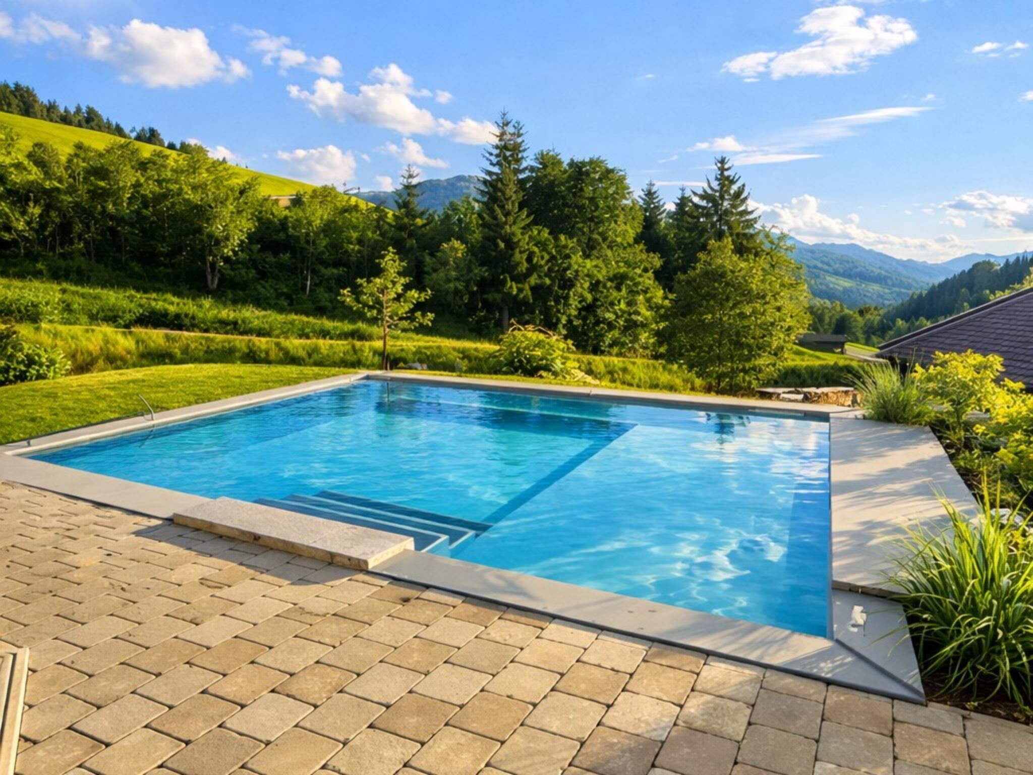 A rectangular swimming pool with a paved deck, surrounded by lush greenery and hills in the background.