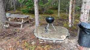 A picnic setup with a wooden table and a portable grill in a forested area. - Resurrection Campsite 1 (Hope)