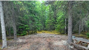 A forested campsite with a picnic table and a bench. - Resurrection Campsite 1 (Hope)
