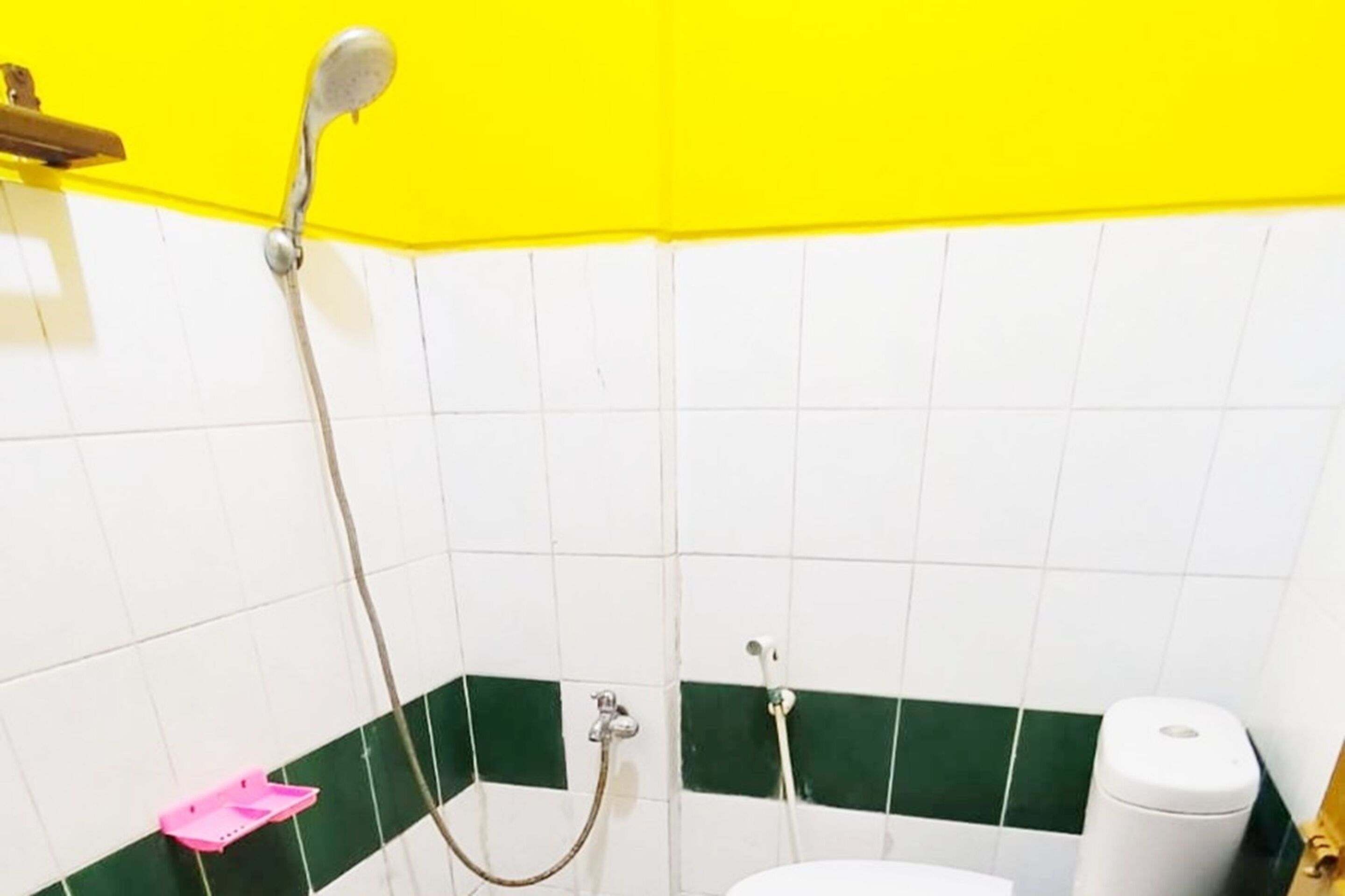 Un baño pequeño con azulejos blancos y verdes, un cabezal de ducha, un inodoro y un jabonera.
