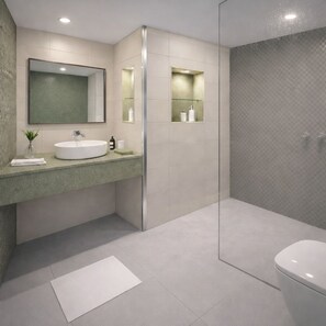 Ducha, secador de pelo, toallas, jabón