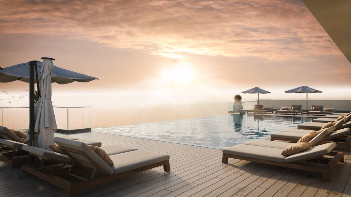 Outdoor pool, pool umbrellas, sun loungers