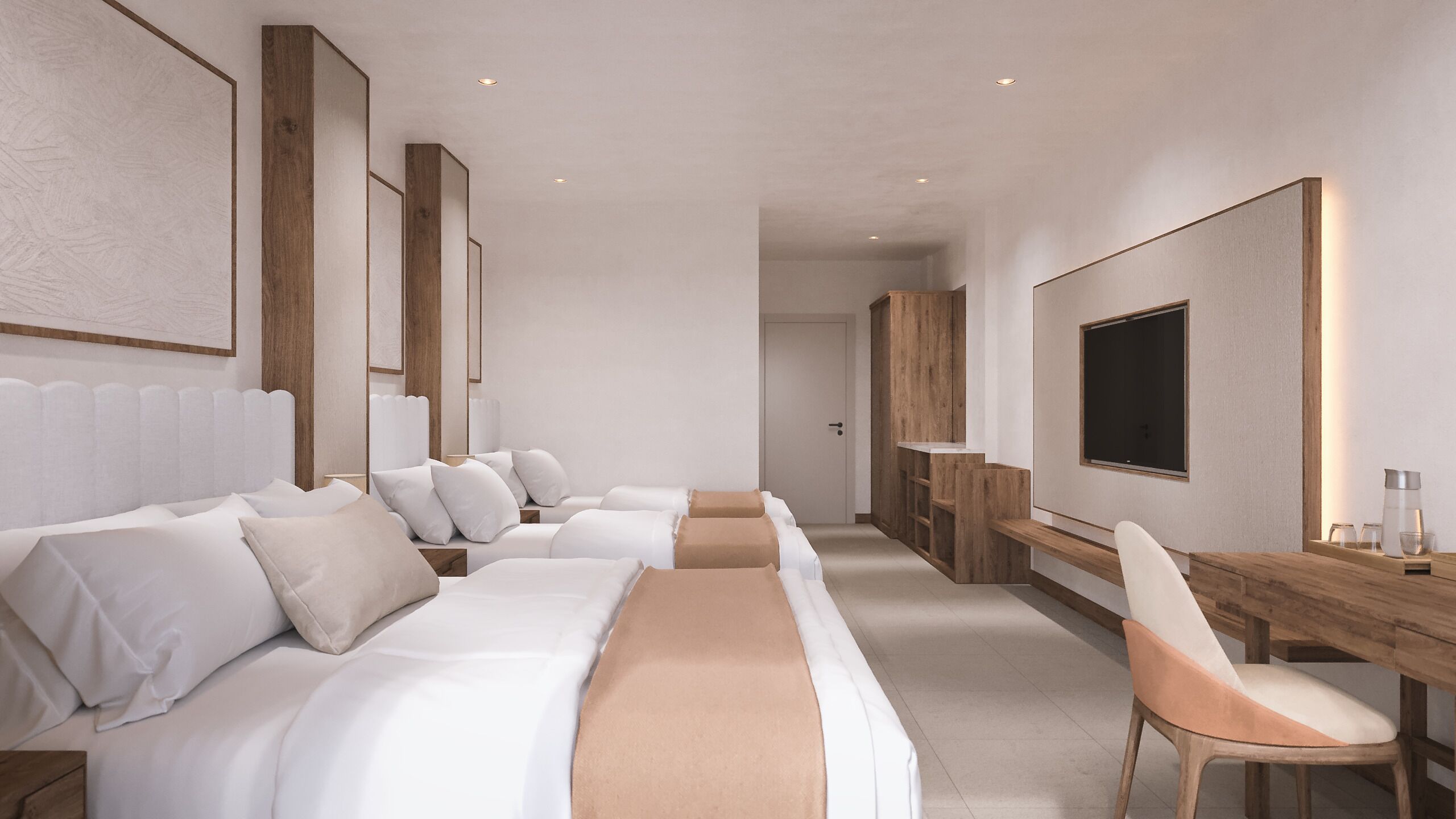 Una habitación de hotel moderna con una cama grande, un escritorio y una televisión.