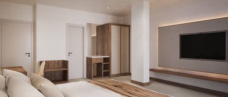 Un dormitorio moderno con una cama grande, un televisor en la pared y un armario de madera.