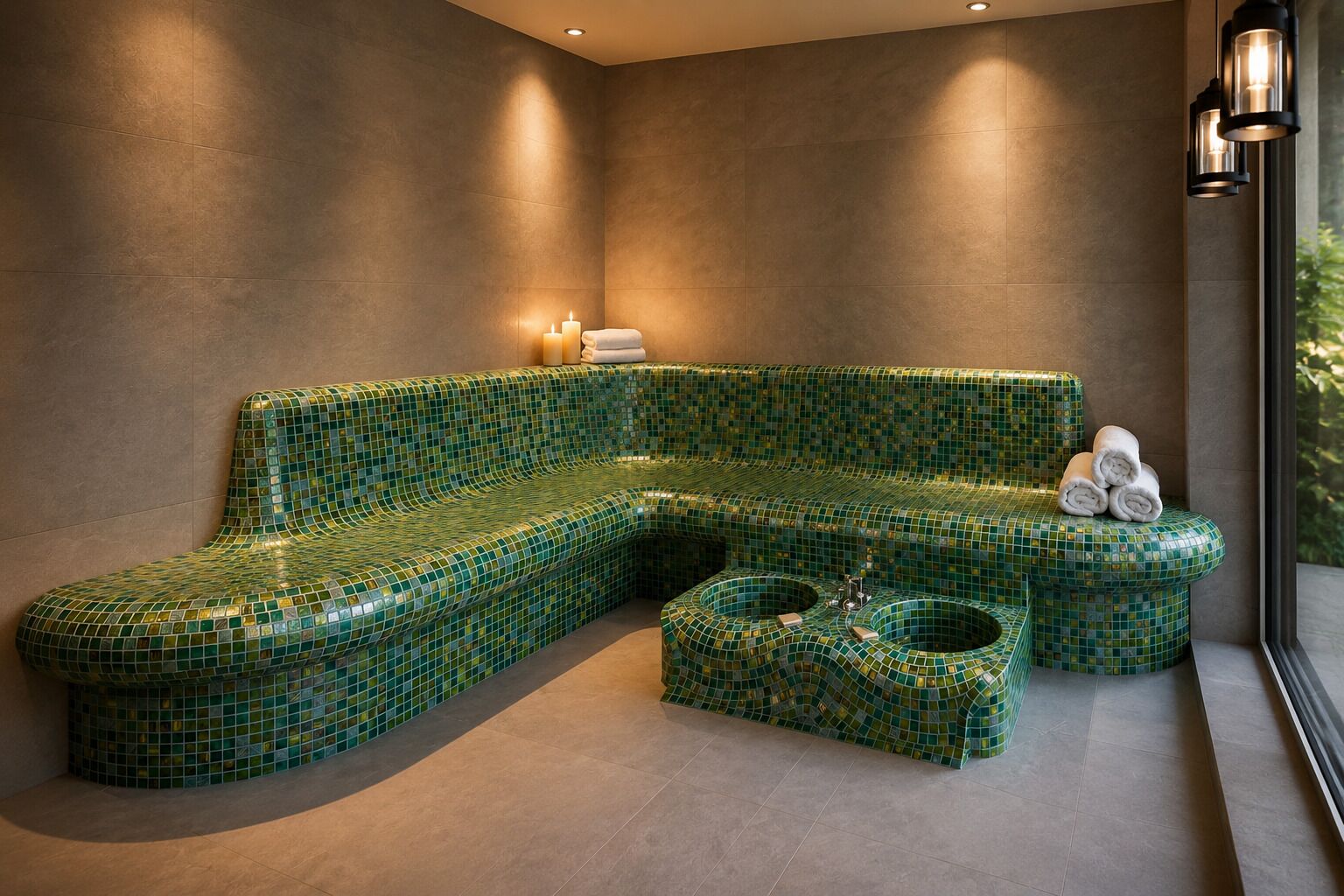 A green mosaic bench with a towel and candles, a small table, and a window with natural light.
