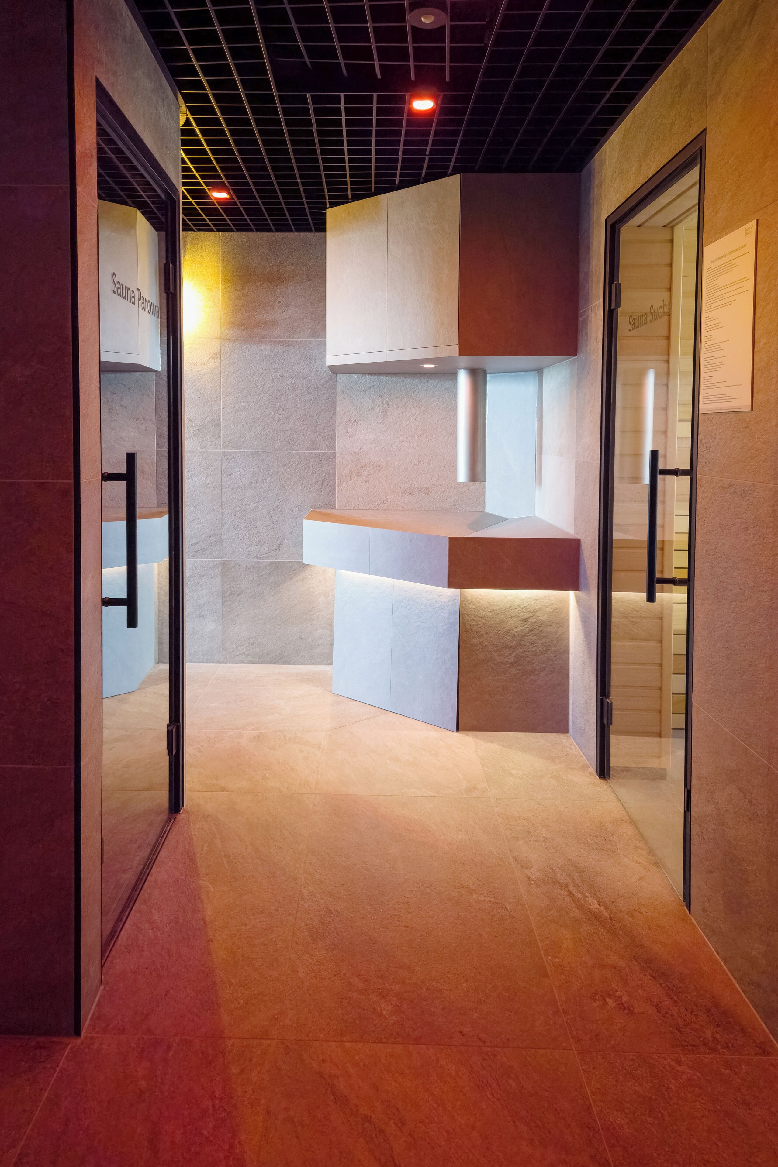 Un interior moderno con una puerta de cristal, una encimera y un techo con diseño de cuadrícula.