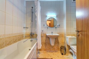 Hair dryer, towels, soap, toilet paper