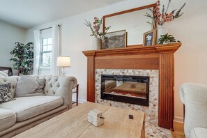 TV, fireplace, table football, books