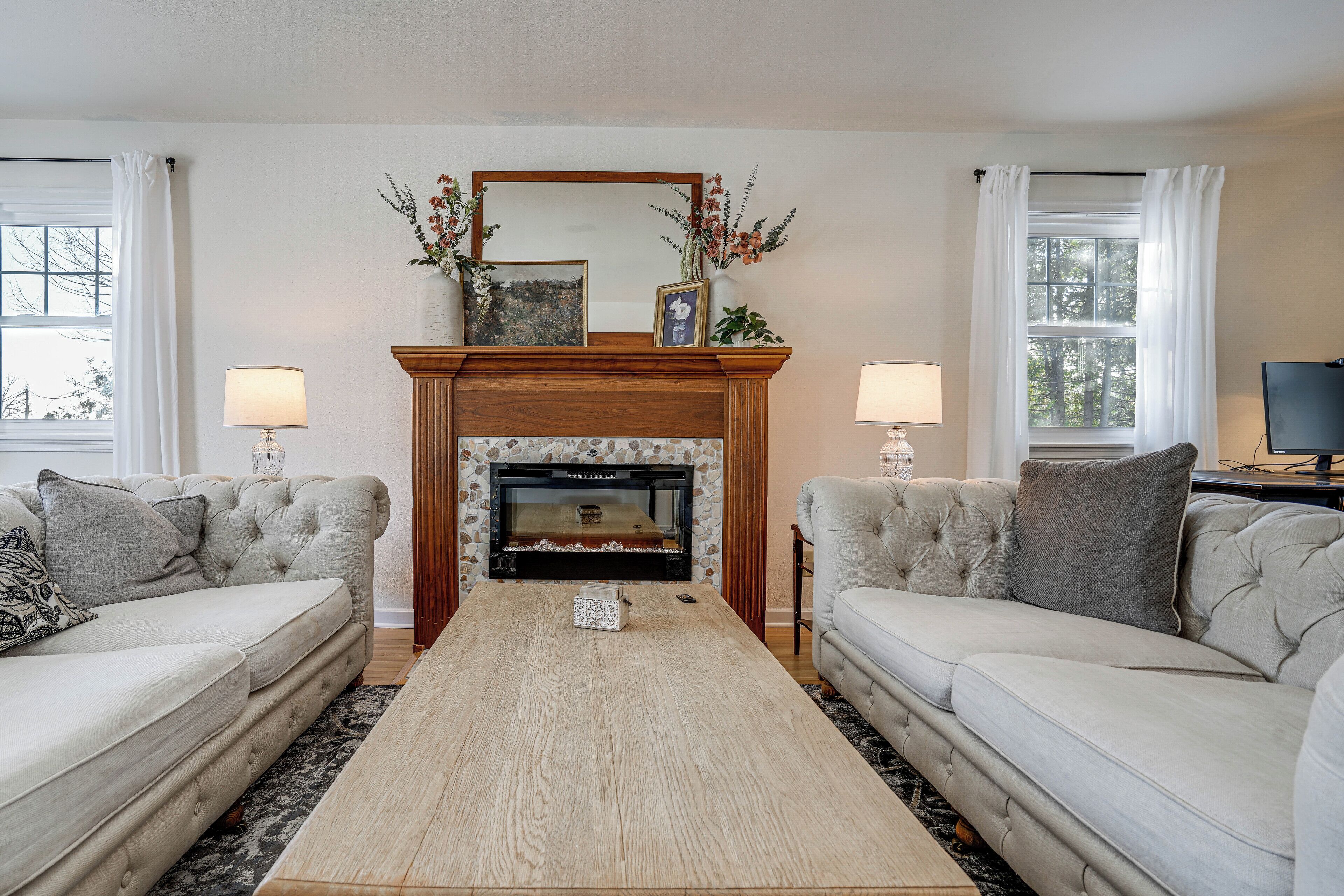 TV, fireplace, foosball, books