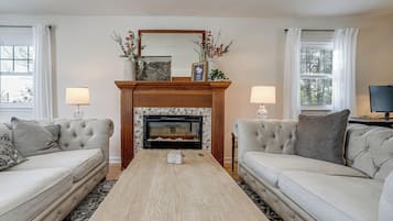 TV, fireplace, foosball, books