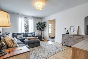 TV, fireplace, table football, books