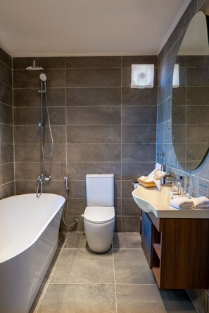 Duschwanne, Haartrockner, Hausschuhe, Handtücher