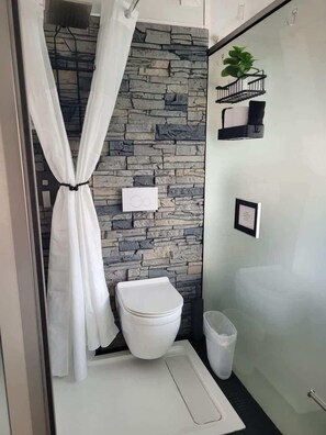 Shower, hair dryer, shampoo