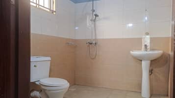 Chuveiro, toalhas de banho, sabonete, papel higiênico