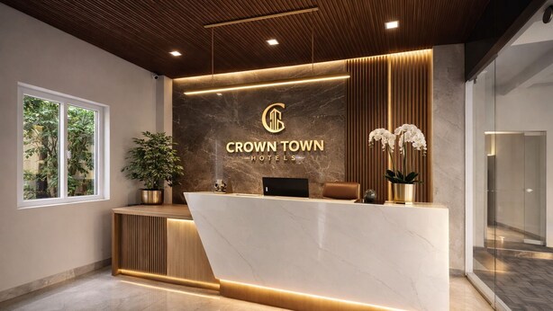 A modern hotel reception area with a marble counter, a logo, and a potted plant. - Crown Town Hotel Kalamassery (Aluva)