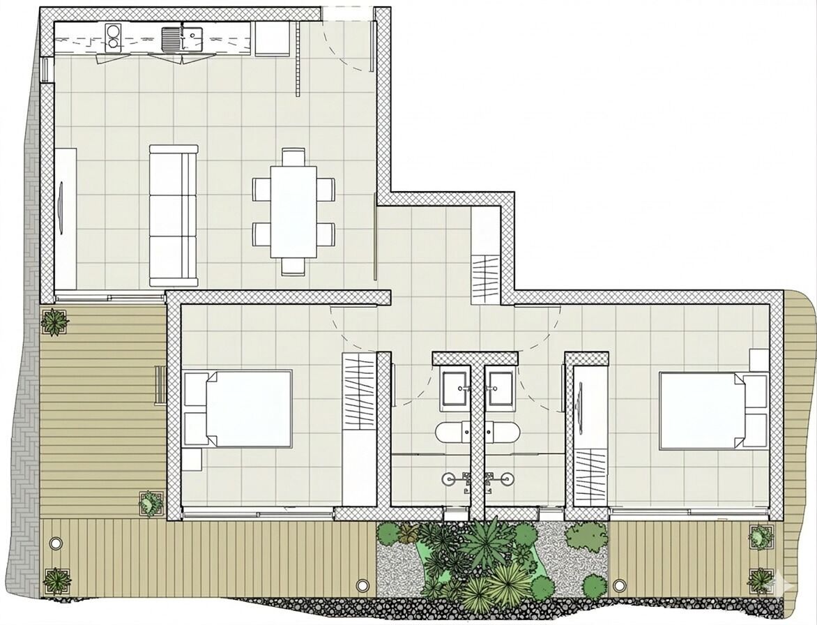 A floor plan of a hotel with a kitchen, dining area, two bedrooms, and a bathroom.