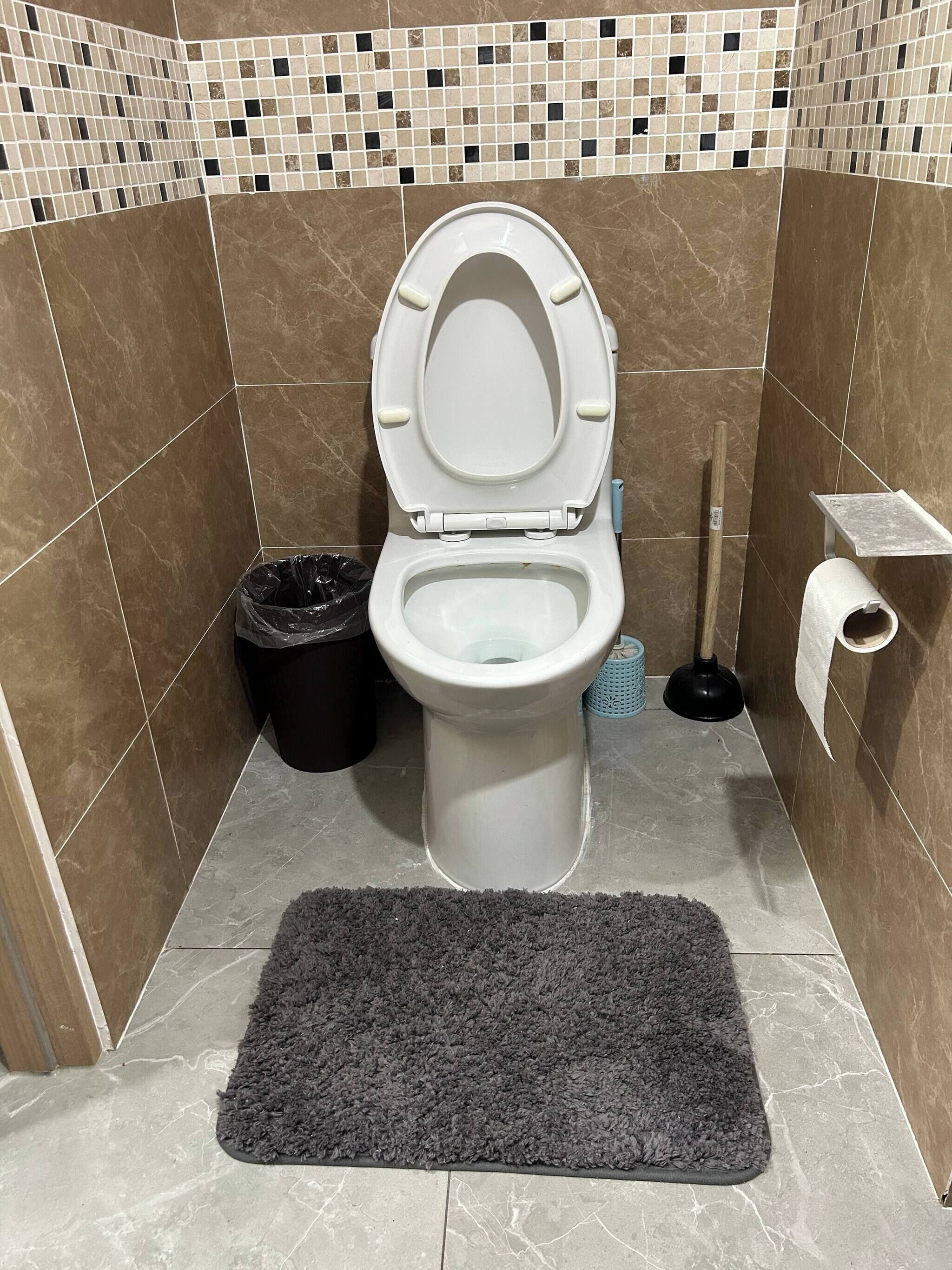 A bathroom with a toilet, a trash bin, a plunger, and a toilet paper holder.