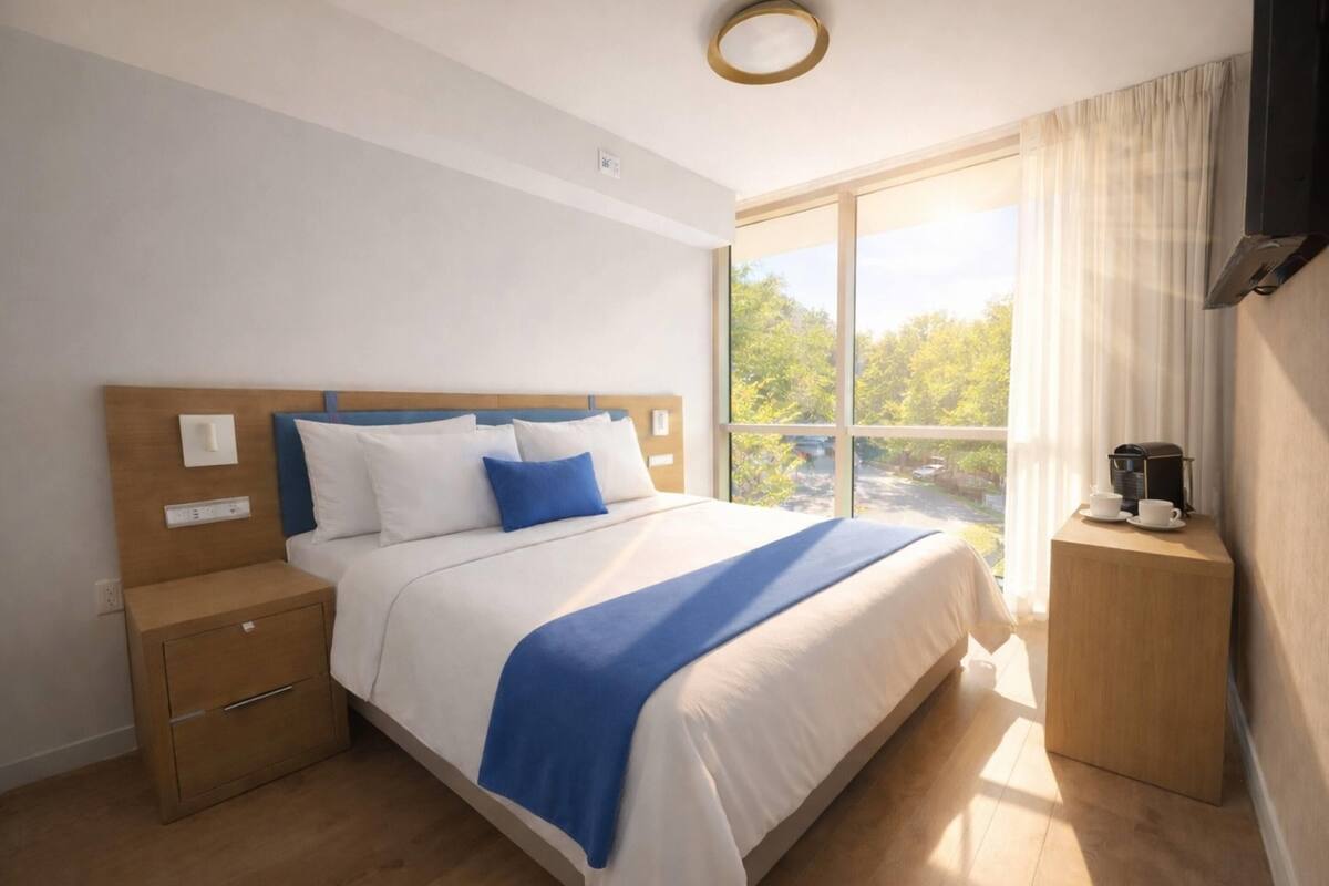 Ein Hotelzimmer mit Bett, Nachttisch, Beistelltisch und einem Fenster mit Blick.