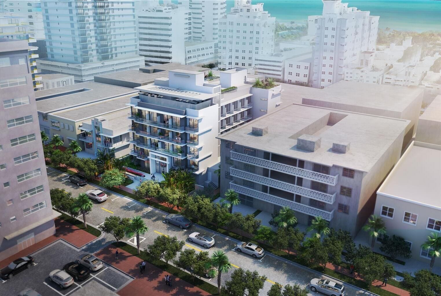 A modern multi-story building with balconies, a parking area, and surrounding greenery.