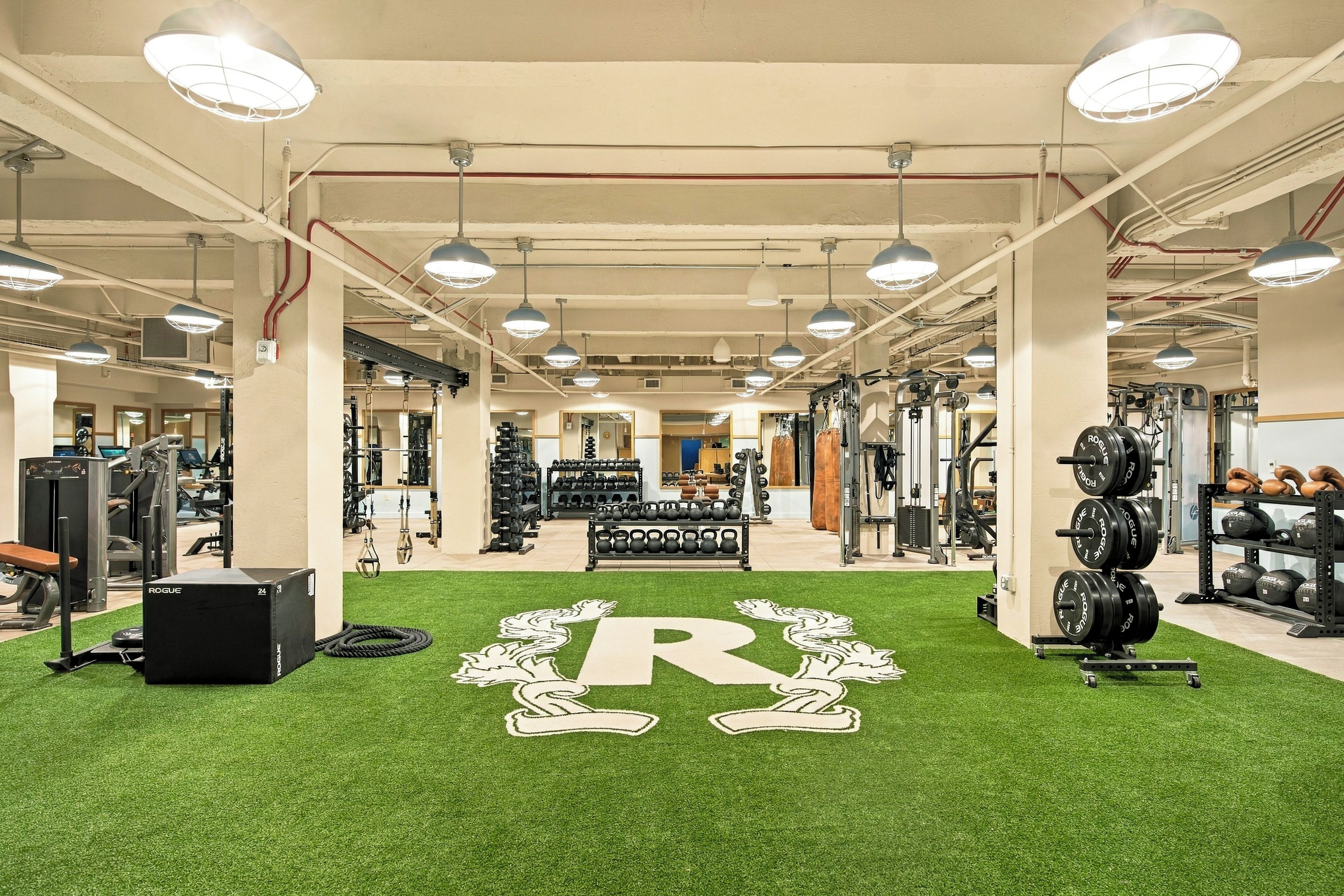 A gym with various exercise equipment, artificial turf with a logo, and overhead lighting.