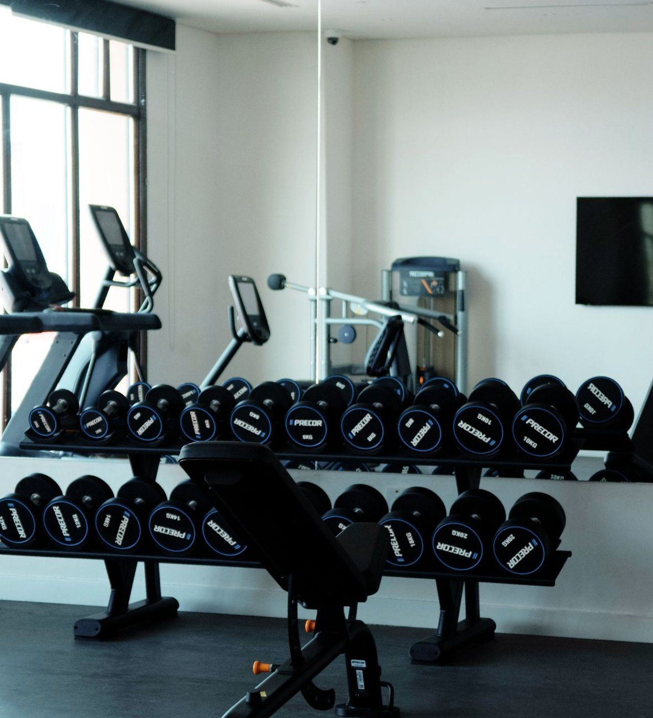 Une salle de sport avec des haltères rangés sur des supports, un tapis de course et du matériel d’exercice.