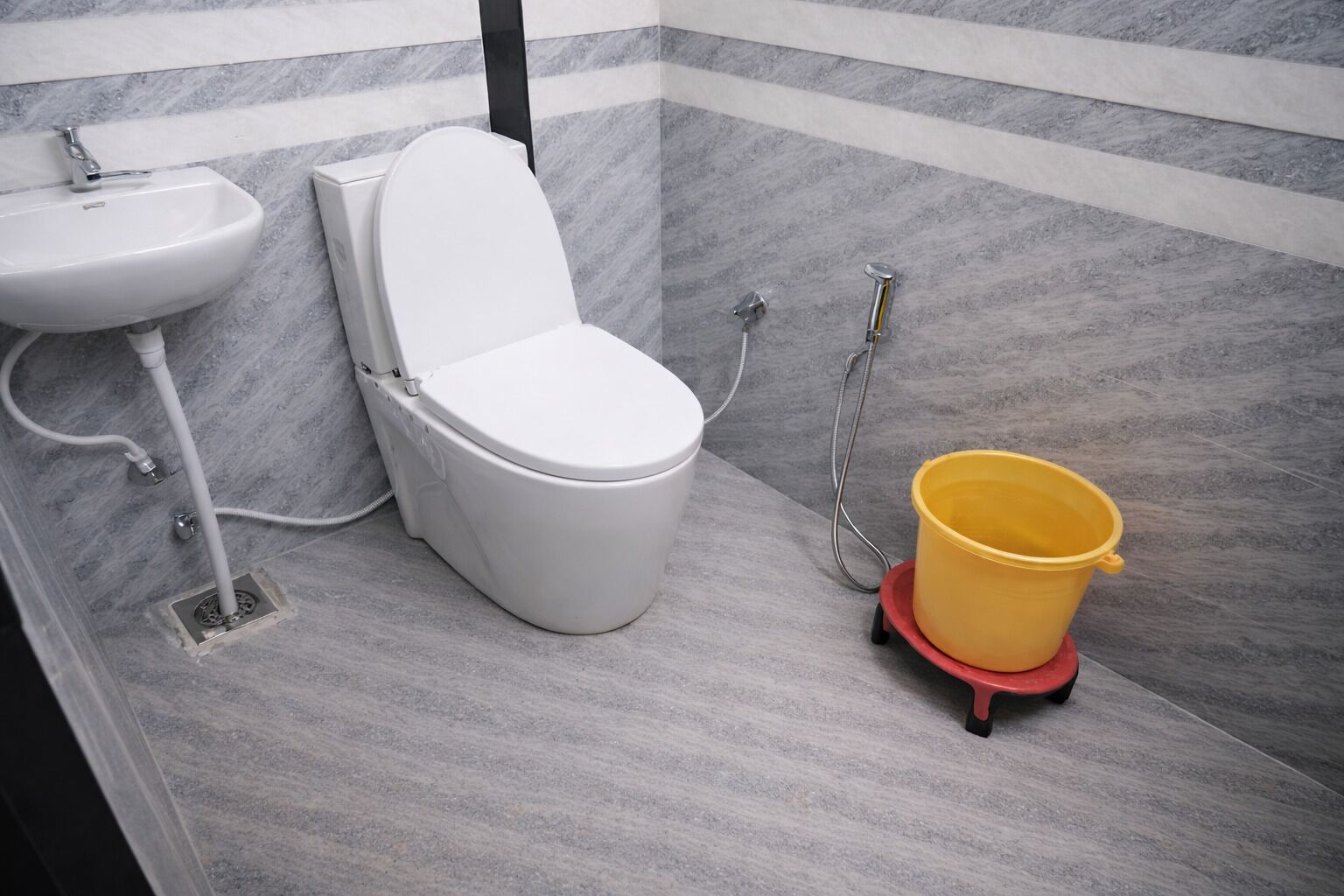 Shower, slippers, towels, soap