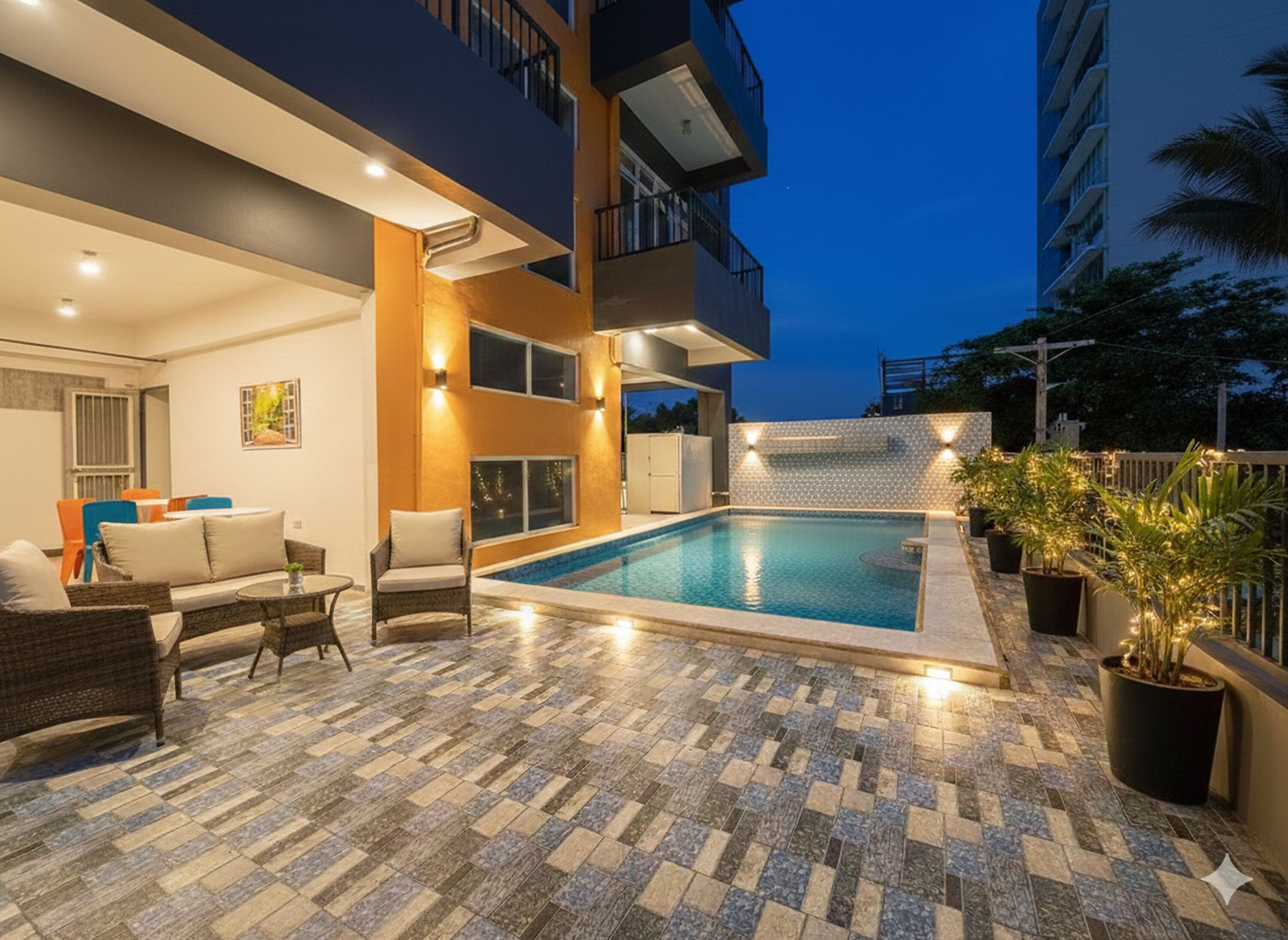 A pool area with a tiled floor, outdoor furniture, and a building with balconies.