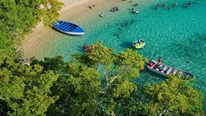 An aerial view of a beach with clear turquoise waters, surrounded by dense green forest. - Agapimou apartments H (Gaspar Hernandez)