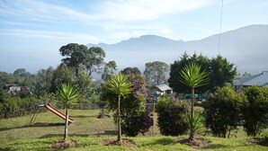 A playground with a slide and palm trees, surrounded by lush greenery and mountains in the background. - Shola Heaven (Devikolam)