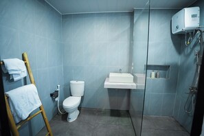 Ducha, cabezal de ducha tipo lluvia, secador de pelo, toallas