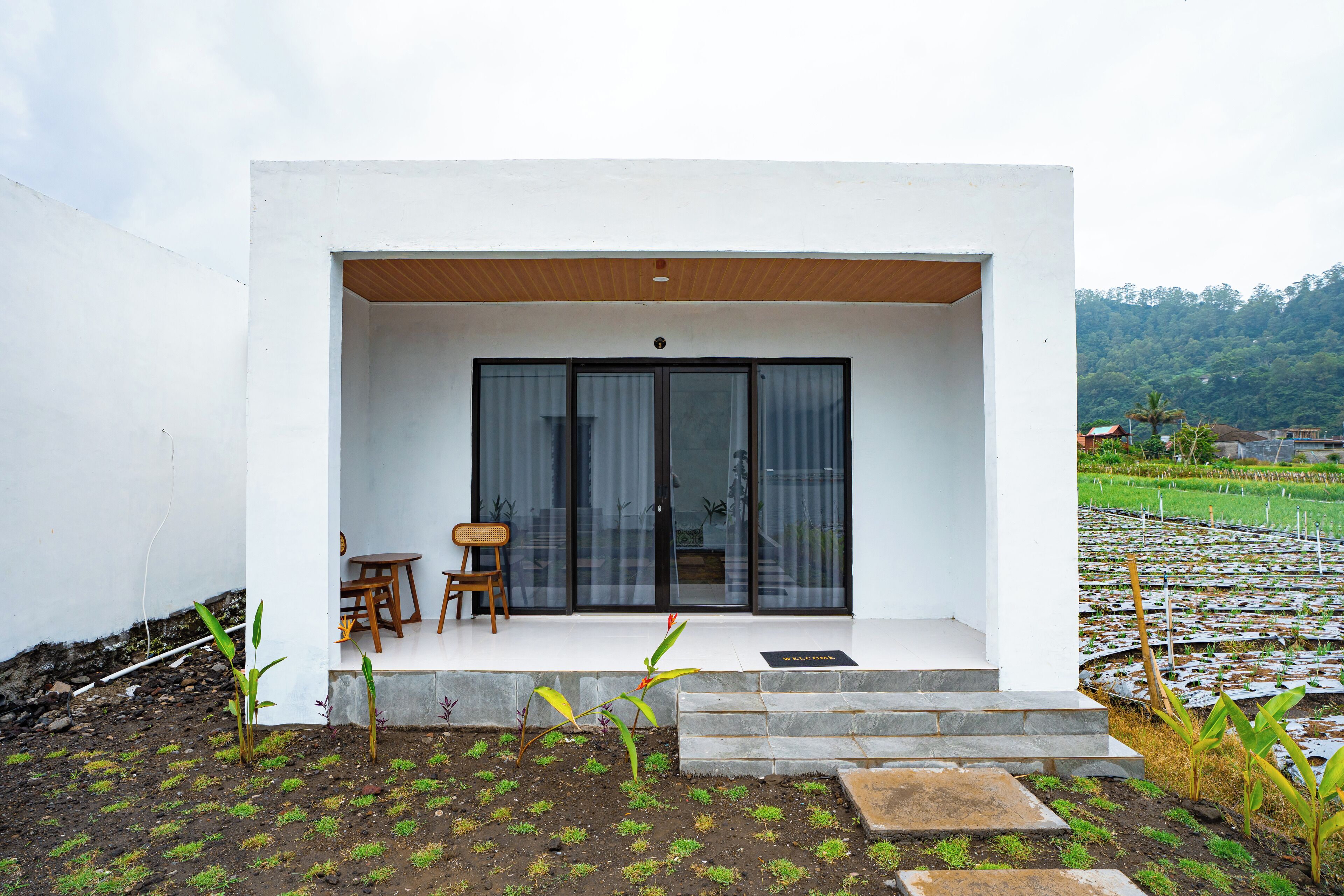 A modern building with a white exterior, a wooden porch, and a glass door.