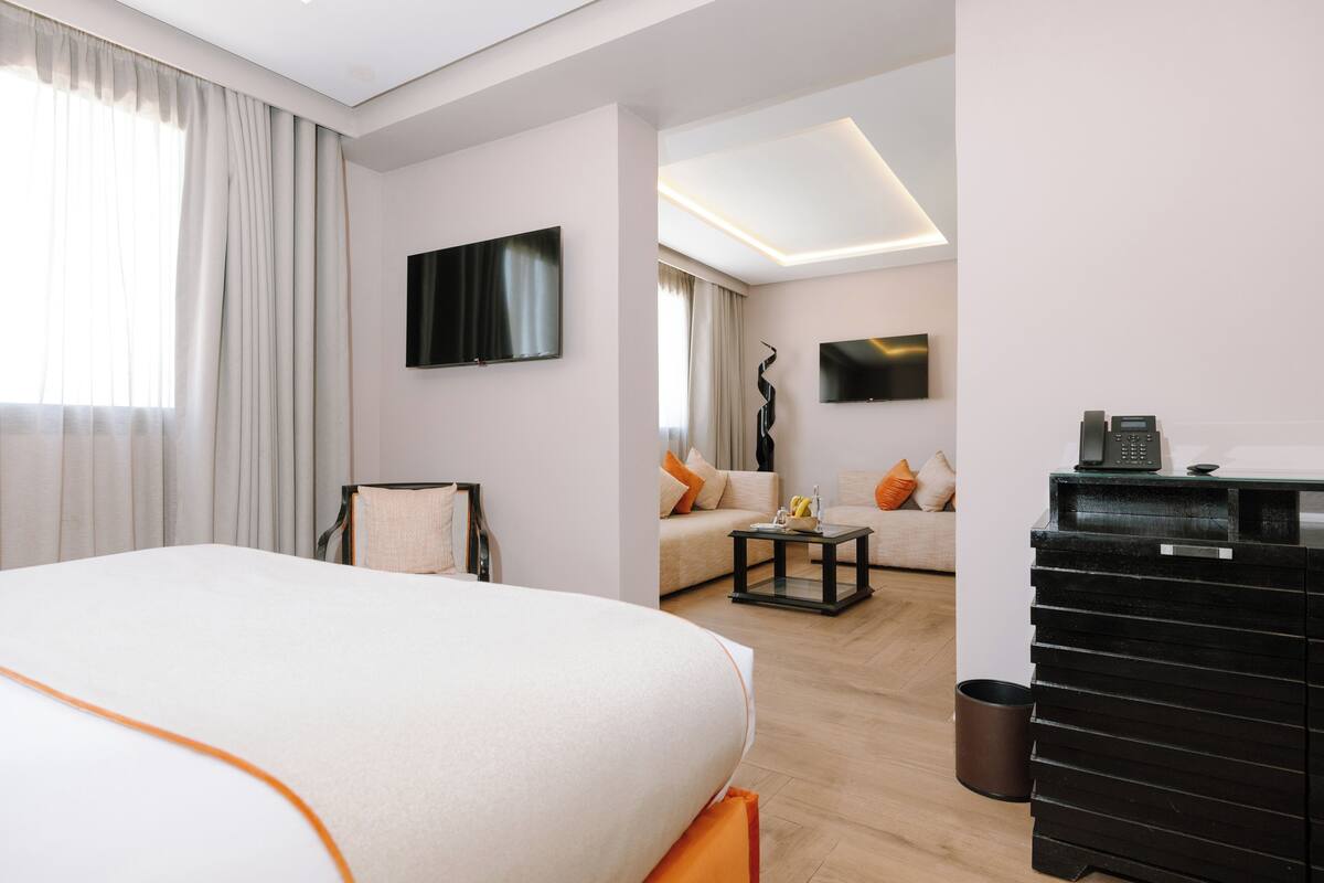 Habitación de hotel con una cama grande, un escritorio, una silla, un sofá, un televisor y un bote de basura.