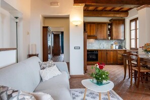 Superior Apartment, 1 King Bed, Valley View | Living area | Fireplace