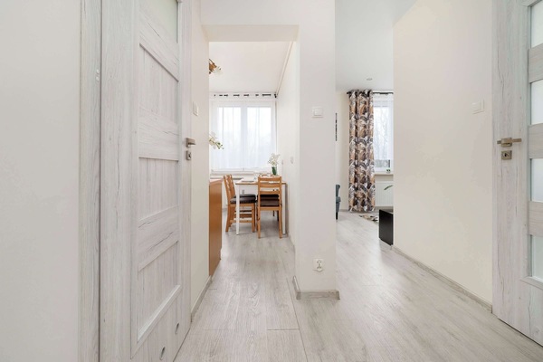 A hallway view with white doors and light flooring leading toward the main living spaces.