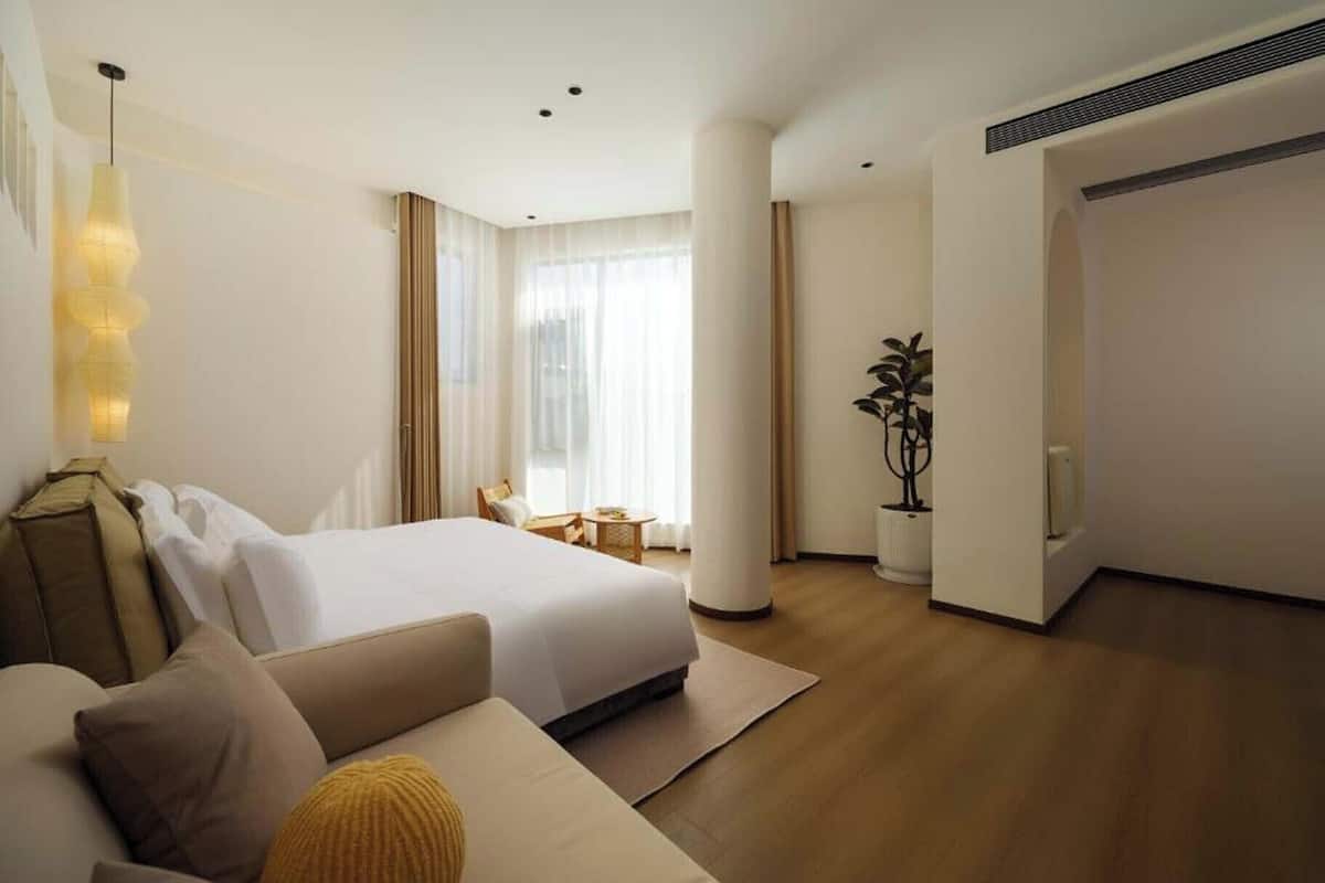 Ein modernes Hotelzimmer mit einem großen Bett, einer Couch, einem kleinen Tisch und einer Zimmerpflanze.