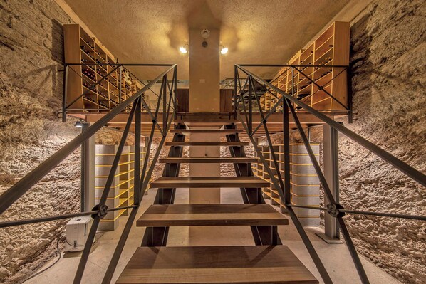 A staircase with metal railings and wooden steps leading to a wine cellar with shelves of wine bottles. - Luxury 7BR Villa | Private Pool & Lake Garda View | Limonaia dei Dogi | Gargnano (Gargnano)
