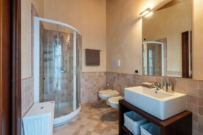 Shower, hair dryer, bidet, towels