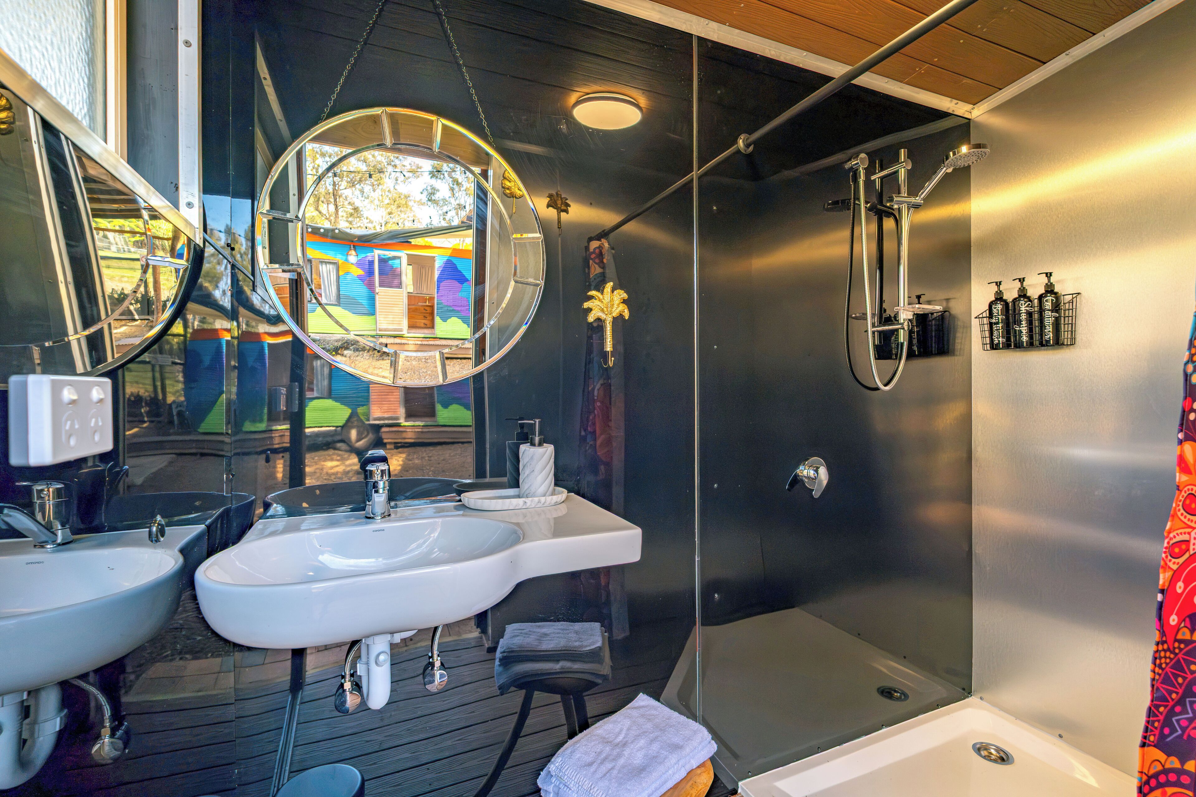 Shower, towels, soap, toilet paper