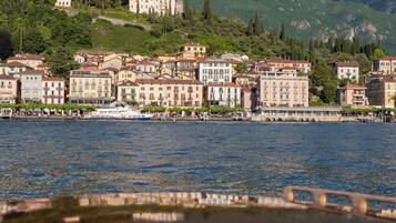 A waterfront town with historic buildings, a bridge, and a boat docked near the shore.