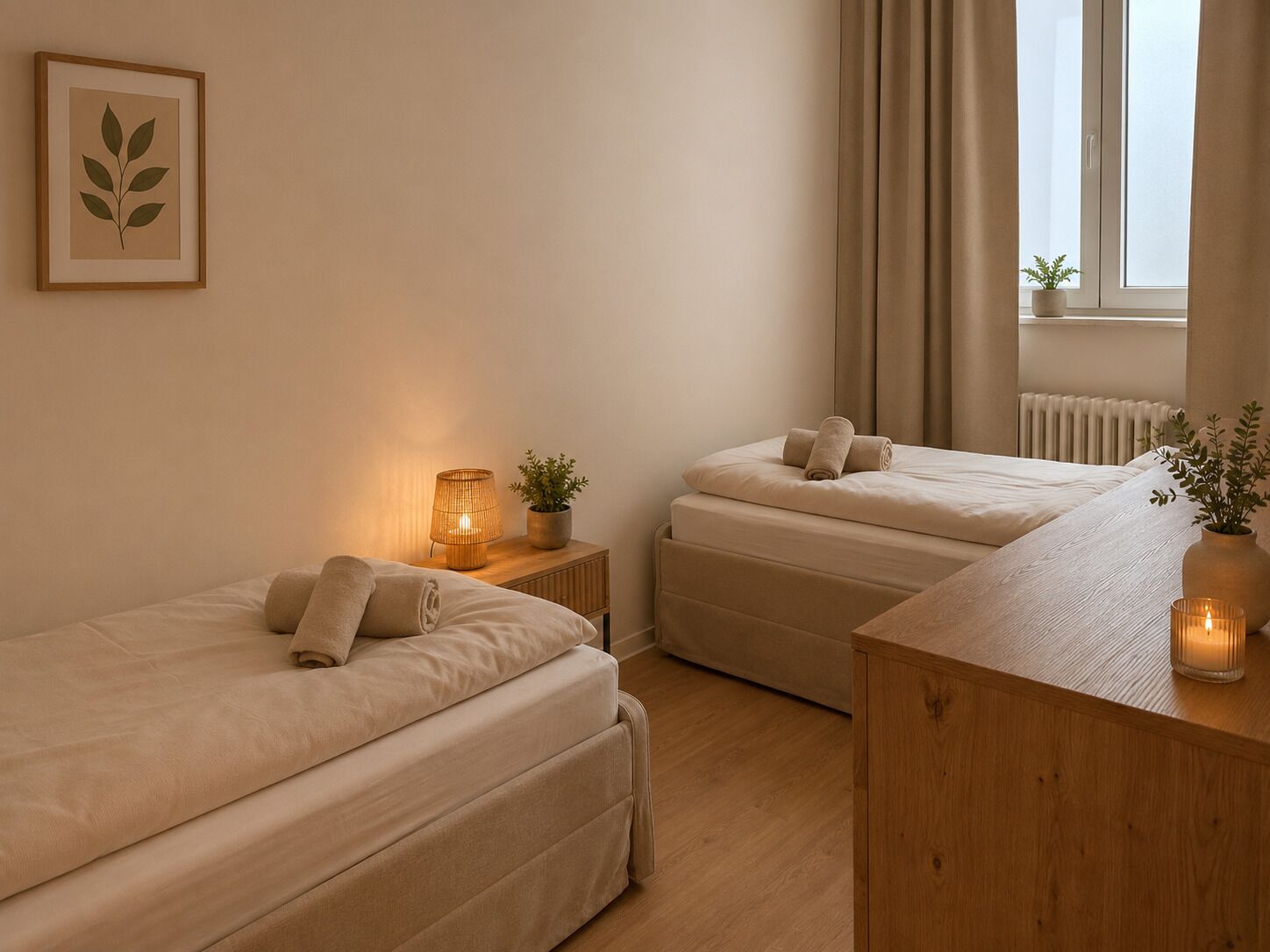 Ein Schlafzimmer mit zwei Betten, einem Nachttisch mit Lampe, einer Topfpflanze und einem Fenster mit Vorhängen.