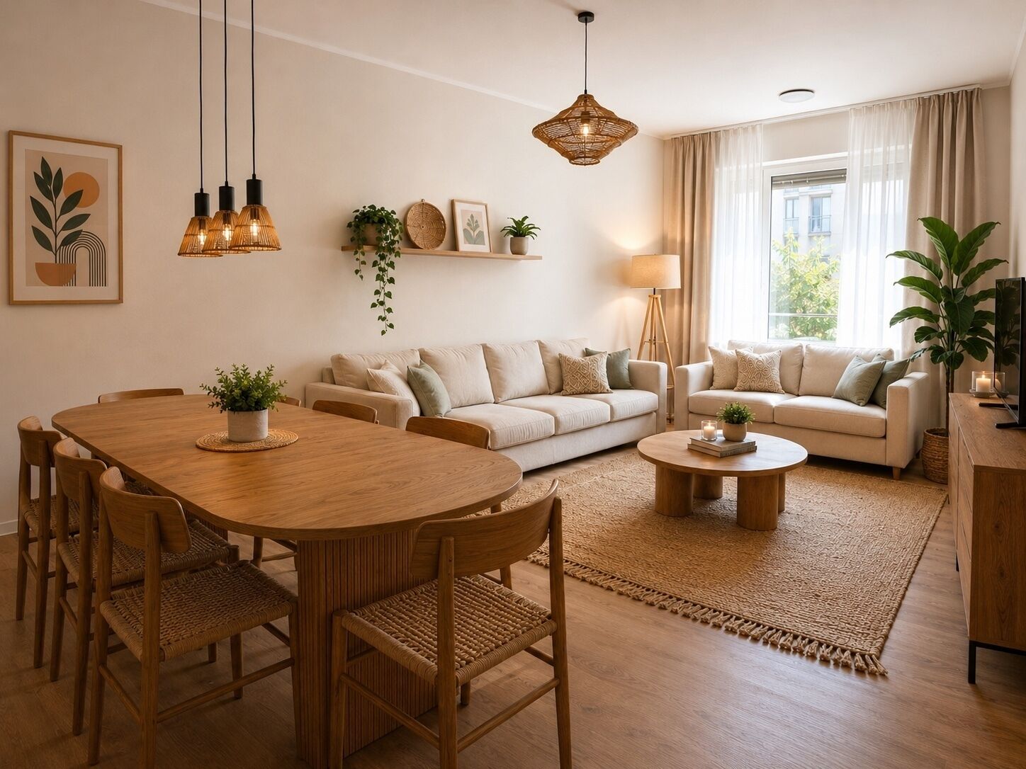 A modern living room with a wooden dining table, two sofas, and a coffee table.