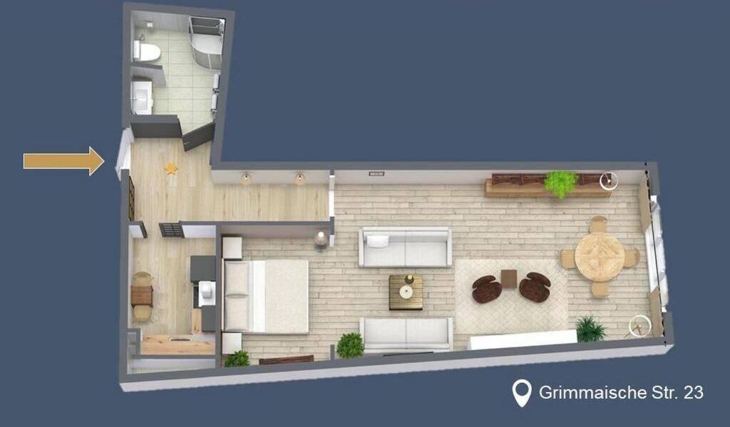 A 2D floor plan of a modern apartment with a living area, kitchen, and bathroom.
