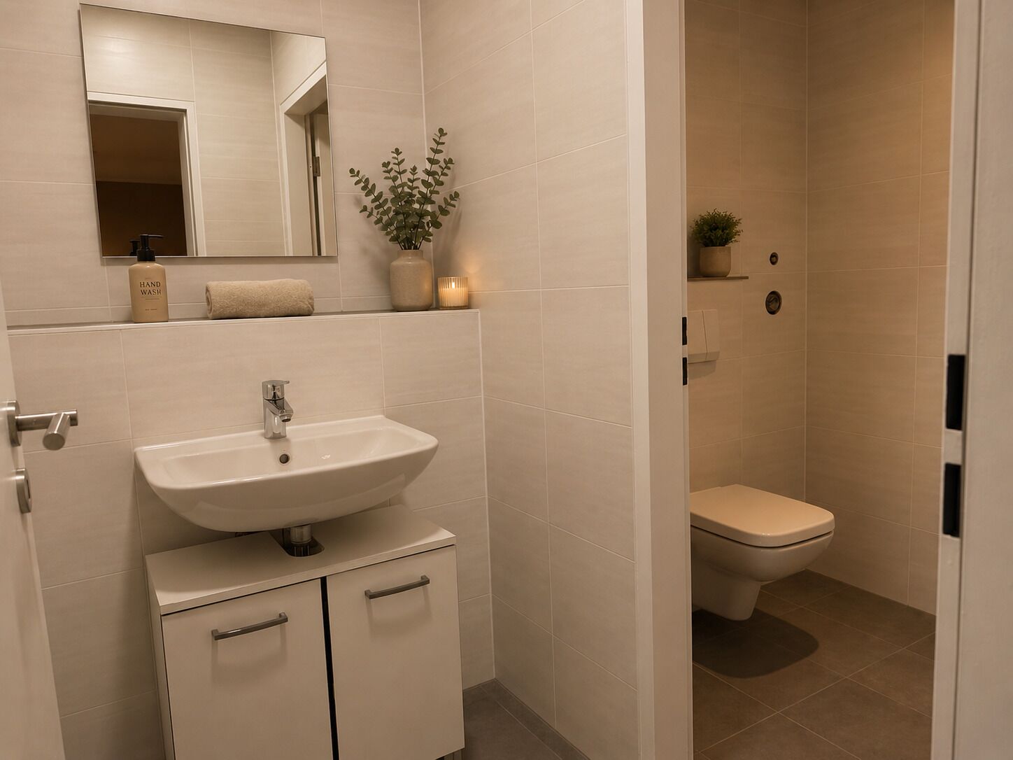 Un bagno con lavandino, specchio e servizi igienici.