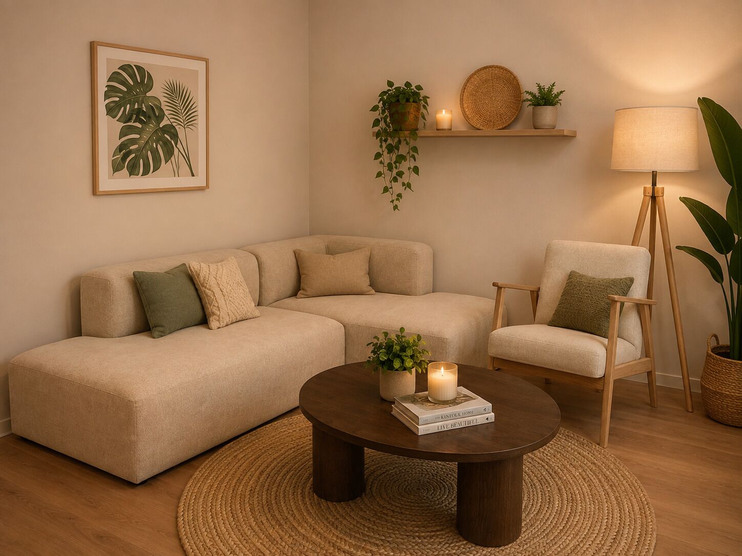 A cozy living room with a beige sofa, a round coffee table with books, a floor lamp, and a wall-mounted shelf with plants.