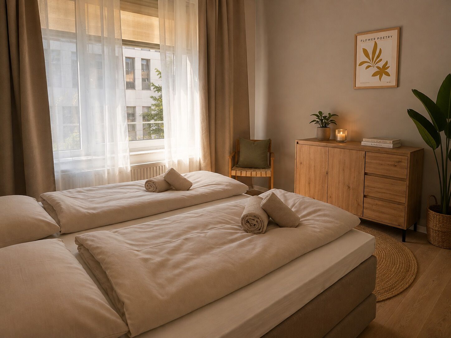 Una habitación de hotel con dos camas, un armario de madera, una silla y una planta en maceta.